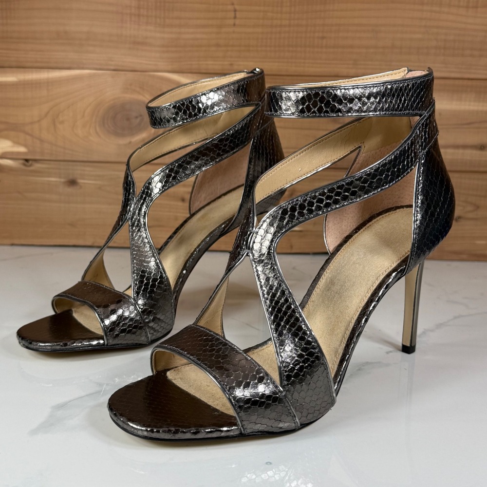 Michael Kors Metallic Gunmetal Snakeskin Strappy Stiletto Sandals Womens sz 9M